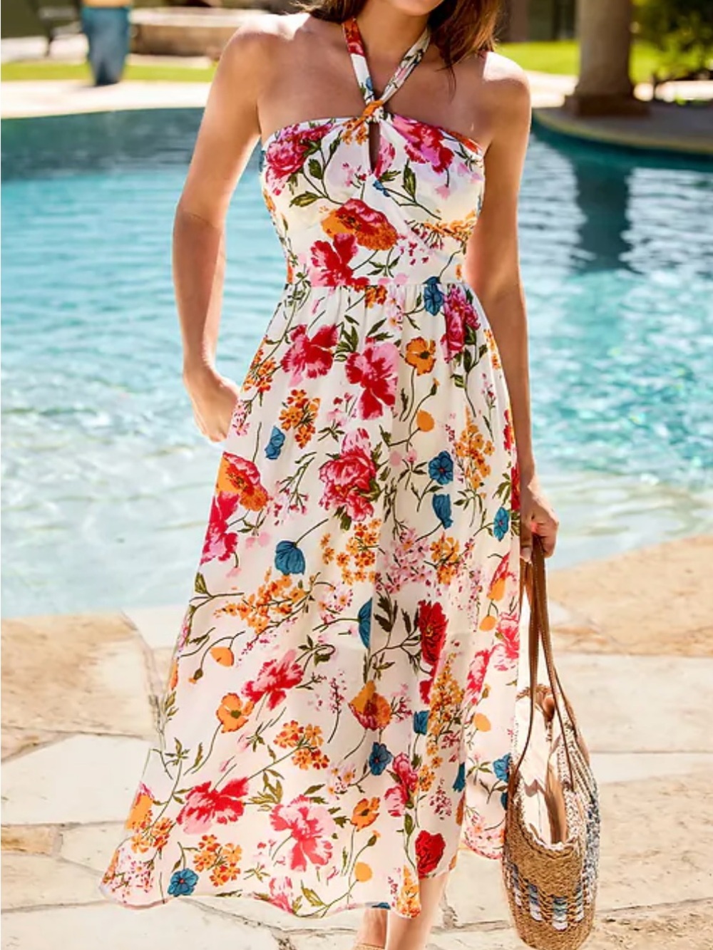 Cupshe White Floral Halter Midi Dress with Red, Orange & Blue Flowers